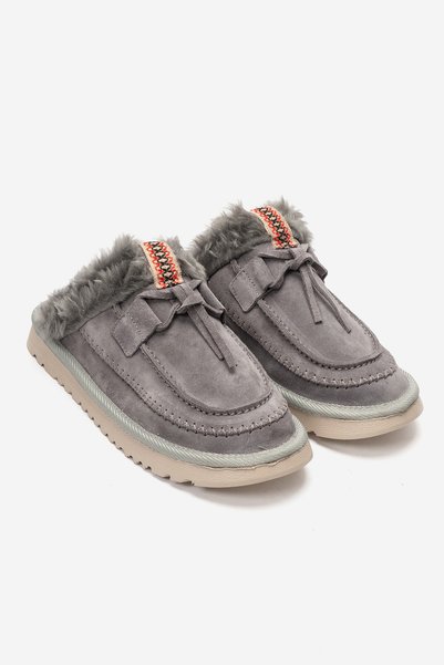 babiva Genuine Suede Leather and Fur Lace Detailed Women's Moccasin Slippers Linnea