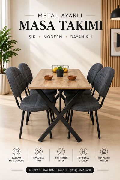 BAMBEDS MOBİLYA Çam Yemek Masa Takımı 70x110 cm - 4 Adet Arkalıklı Antrasit S...
