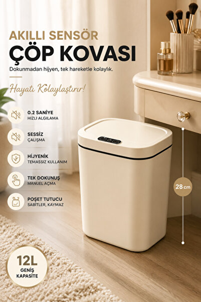 ADEFCO Sensörlü Çöp Kovası 12 Litre Otomatik Kapaklı Akıllı Temassız Çöp Kutu...