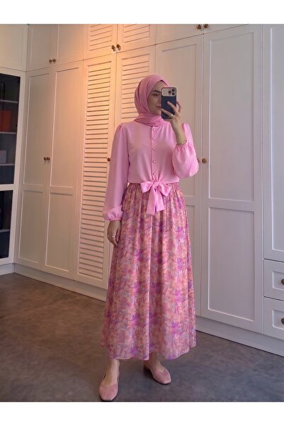 Trend Paris Desenli Etek Bluz ikili Takım Pembe