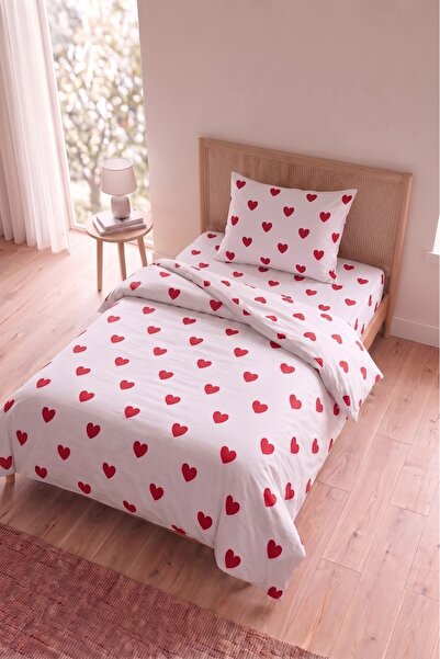 Zühre Home Red Heart Pattern Single Duvet Cover Set |   160X220 cm Duvet Cove...