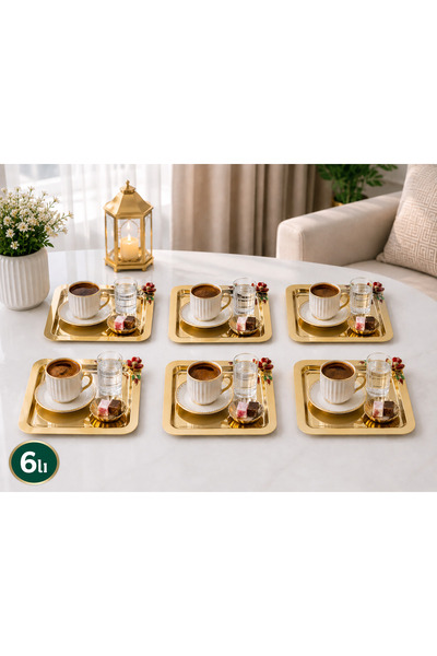 SUNVERA ÇELİK 6'lı Gold Kare Kahve Sunum Tepsisi Seti 22x22 cm – Kırmızı Çiçe...