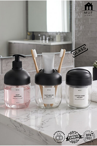 MUF HOME 3'lü Banyo Seti Modern Tasarımlı Cam Altlı–Şık Sabunluk, Diş Fırçalı...