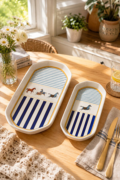 Porsima Horse Porcelain 2-Piece Kayık Plate Set - Oval Breakfast Serving Set
