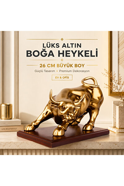 e-life shop Lüks Altın Boğa Heykeli 26 cm Büyük Boy Reçine Biblo Feng Shui Şa...