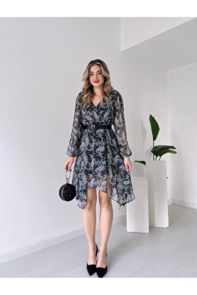 hiraz fashion kadın desenli kruvaze yaka şifon elbise