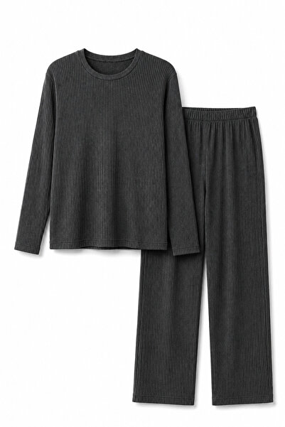 FEG STORE 100% Cotton Anthracite Soft Textured Ribbed Long Sleeve Women's Paj...
