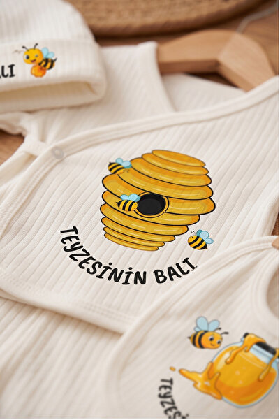 EGGBABY Teyzesinin Balı Baskılı 5'li Bebek Hastane Çıkışı Seti %100 Pamuk Yenidoğan Zıbın Seti Teyze Temalı