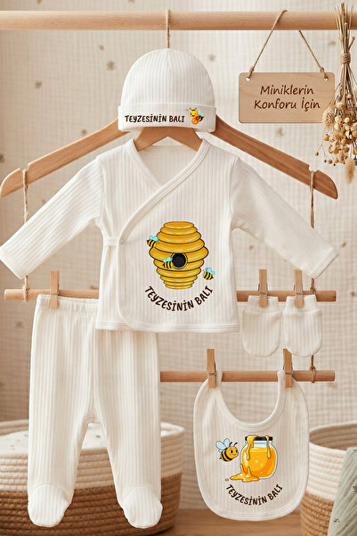 EGGBABY Teyzesinin Balı Baskılı 5'li Bebek Hastane Çıkışı Seti %100 Pamuk Yen...