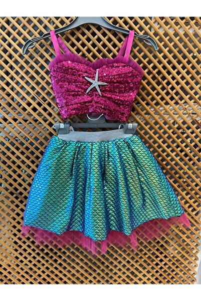 PD KIDS 617 ÇOCUK PAYETLİ CROP BLUZ RENKLİ PARLAK TÜL DETAY ETEKLİ TAKIM