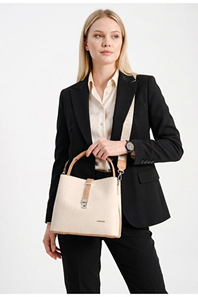 Just Polo Women's Cream Embossed Printed Hand and Shoulder Bag-Nb4002