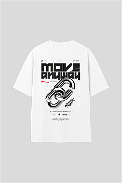 Unisex Oversize Move Anyway Pamuklu Tasarım Baskılı Beyaz Tişört