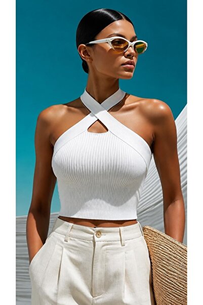 Modafeminen Πλεκτή μπλούζα με λαιμόκοψη halter TR081 Λευκό