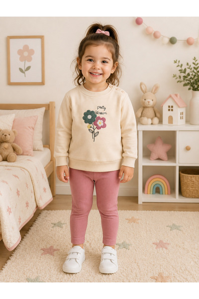 buzy kids concept Flower Embroidered Cream Girls' Seasonal Tights 2-Piece Set...