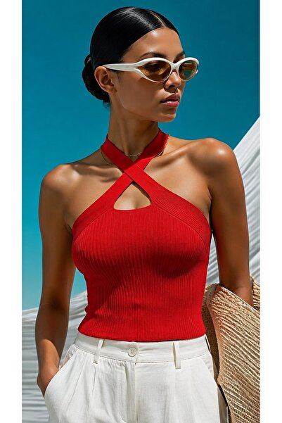 Modafeminen Halter Neck Knitwear Blouse Tr081 Red