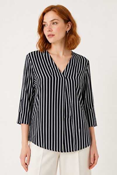 Nuevo Women's Black and White Striped V-Neck Blouse – Comfortable Cut Blouse ...