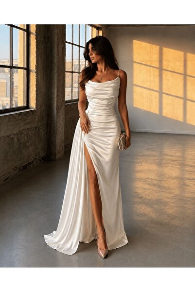 Modafeminen Thin Straps and Draped Bust Satin Dress White 582243