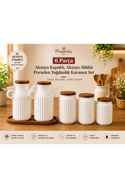 Kitchen Pembelia 6 Parça Akasya Standlı 2’li 1000 ml Yağdanlık Ve 3’lü Porselen Çay Şeker Tuz Kahve Kavanoz Seti