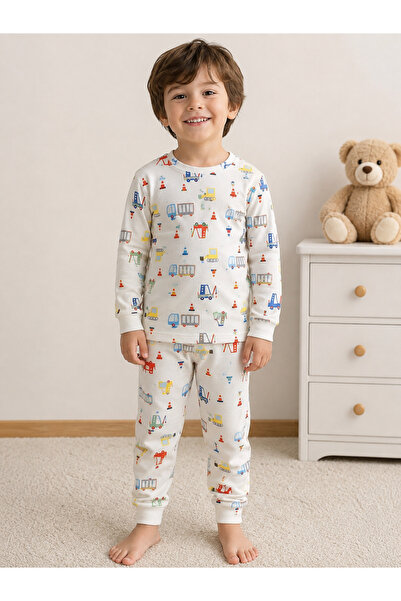 Turuncu kids Erkek Çocuk Renkli İş Makineleri Desenli Uzun Kollu Pijama Takımı