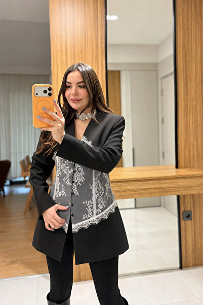 HARMONY GLOBAL Kadın Siyah Dantel Detaylı Blazer Ceket – Kruvaze Form, Astarlı, Şık ve Modern Tasarım Ceket 7869