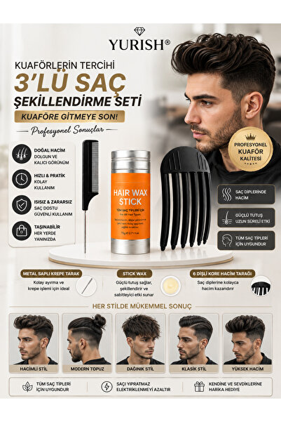 YURISH 3’lü Saç Şekillendirme Seti Stick Wax, Metal Saplı Krepe Tarak ve 6 Dişli Kore Hacim Tarağı