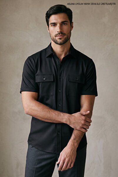 Maccali Men's Trend Mercerized Double Pocket Black Polo Collar T-Shirt