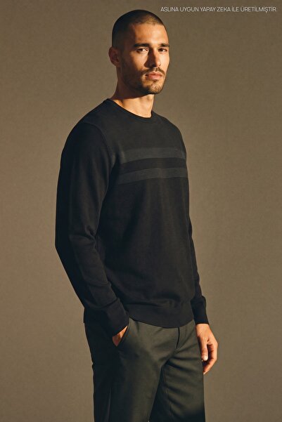 Maccali Men's Large Size Patterned Oversized Winter Black Sweatshirt