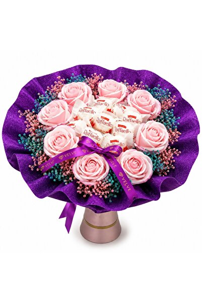 velve Buchet cadou Delice, cu 8 praline Raffaello 80gr, 9 trandafiri de sapun...