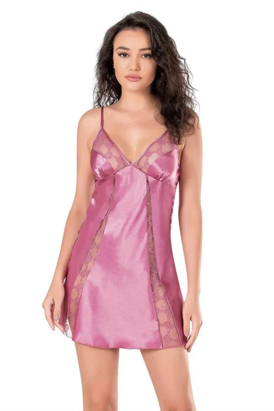 SS HOME CONCEPT Lace Embroidered Thin Strap Dusty Rose Short Satin Nightgown