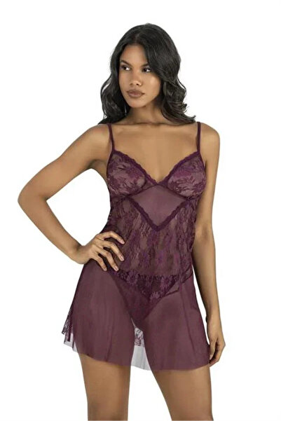 SS HOME CONCEPT Lace Embroidered Plum Short Tulle Nightgown