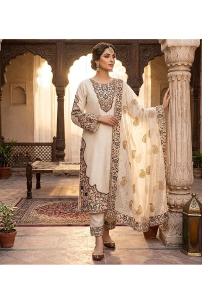 Bazm-A Fashion Atelier Affordable Golden Kurti/Pajama-3 Pcs Set