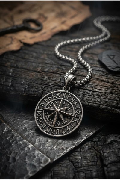 Begondio Viking Pusulası El İşçiliği 925 Ayar Gümüş Erkek Kolye