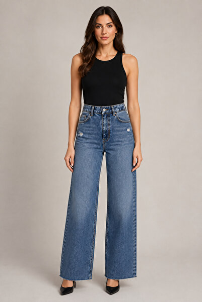 rimas Kadın Yüksek Bel Kesik Paça Wide Leg Vintage Mavi Jean Pantolon
