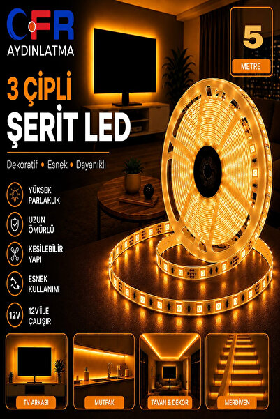 CFR LED AYDINLATMA 3 Çipli Iç Mekan 12V Şerit Led Beyaz,Günışığı,Amber,Mavi,K...