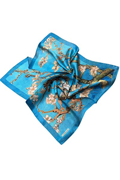 Soyluİpek %100 İpek Van Gogh Mavi Badem Ağacı Bandana Fular- 55x55cm