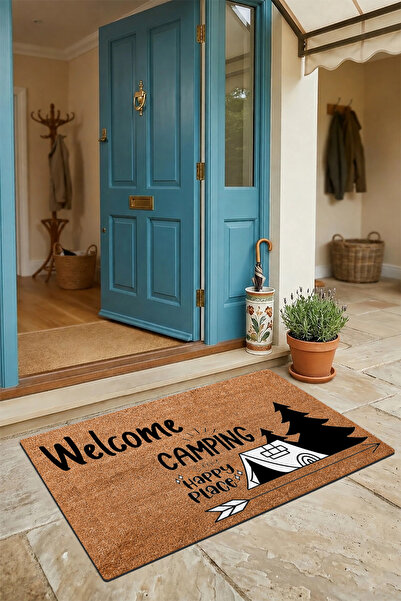 Valerine Life سجادة أمامية للباب بتصميم Happy Camp مقاس 45 × 70 سم