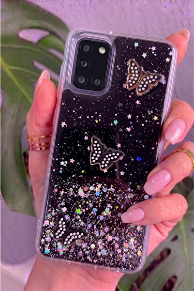Rivor Samsung Galaxy A51 Uyumlu Kılıf Kamera Çıkıntılı Simli Kelebek Kabartma...