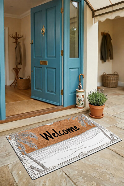 Valerine Life Χαλάκι πόρτας Welcome με θέα στη θάλασσα και την φοίνικα 45x70cm