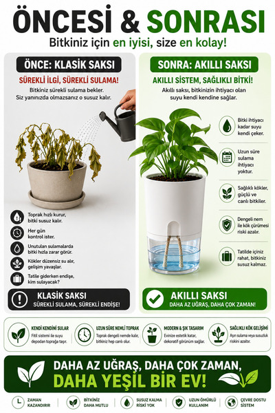 ByKurt Akıllı Saksı Kendinden Sulamalı Fitilli Su Hazneli Dekoratif Model