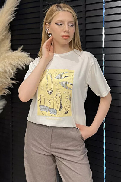 TOZLU Women's Crew Neck Stone Embroidered Printed T-Shirt