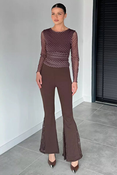 TOZLU Women's Lace Lycra Spanish Flare Pants