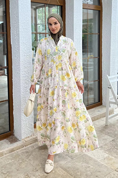 TOZLU Patterned Summer Hijab Dress with Elasticated Sleeves and Front Button ...