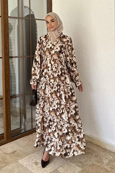 TOZLU Patterned Summer Hijab Dress with Elasticated Sleeves and Front Button ...