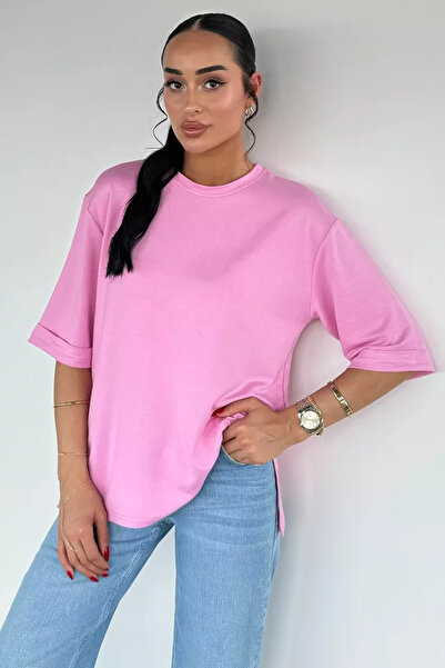 TOZLU Gülseli Folded Sleeve Slit T-Shirt