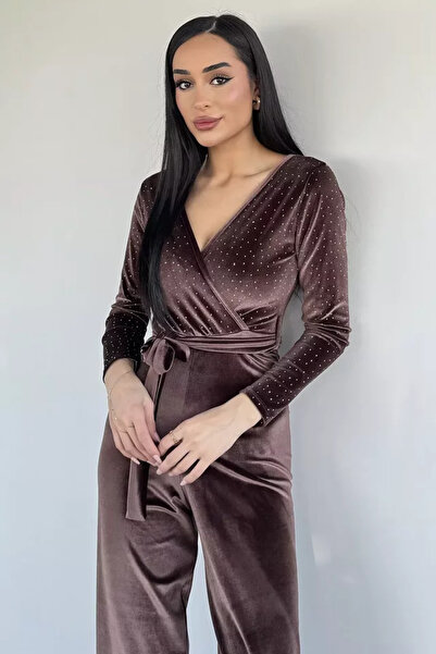 TOZLU Women's Double Breasted Collar Stoned Belted Velvet Evening Dress Jumpsuit