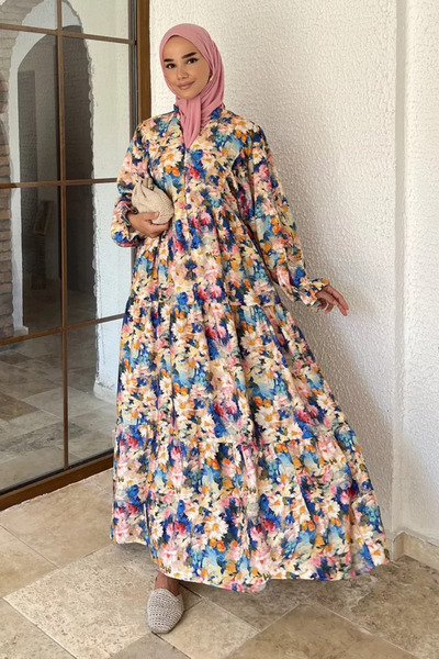 TOZLU Patterned Summer Hijab Dress with Elasticated Sleeves and Front Button ...