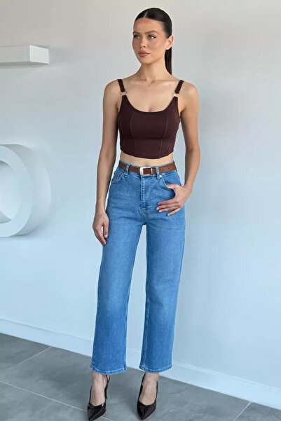 TOZLU Pantaloni de damă din denim cu curea