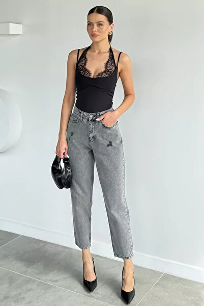 TOZLU Pantaloni de damă cu talie înaltă, tăiați cu laser, din denim