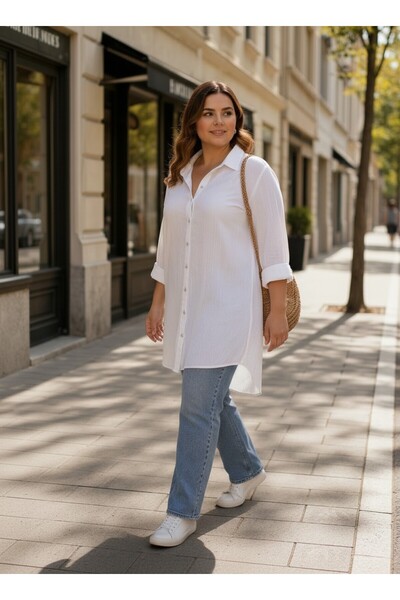 DNRYSL Women's Plus Size 100% Cotton Muslin Tunic Buttoned Shirt