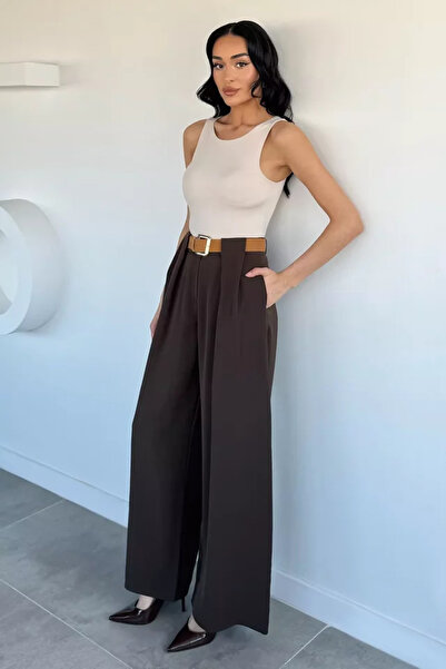 TOZLU Women's High Waist Pleated Palazzo Pants with Belt Accessory